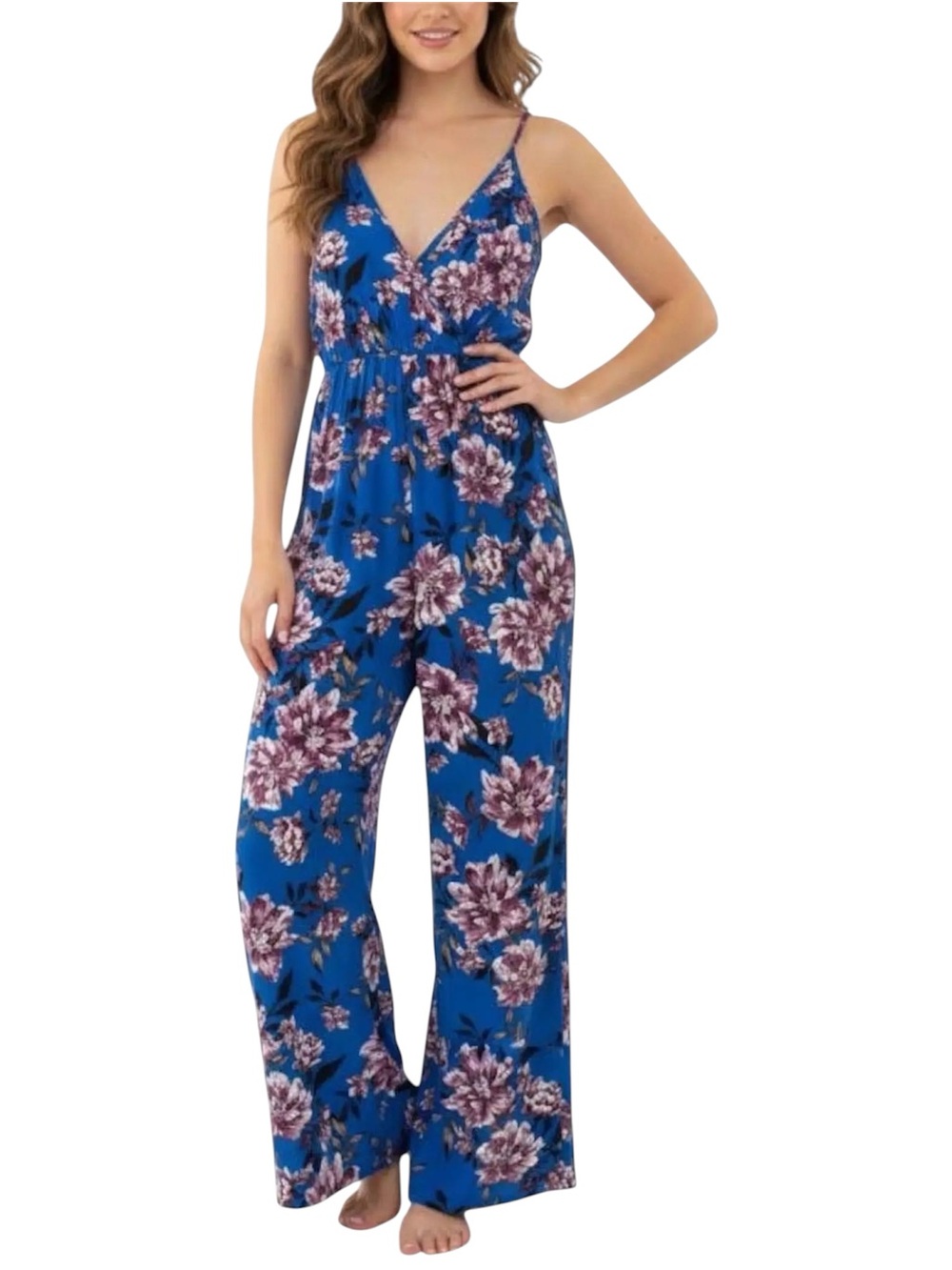 Band of Gypsies Blue Floral Wide Leg Jumpsuit Size Small EUC
